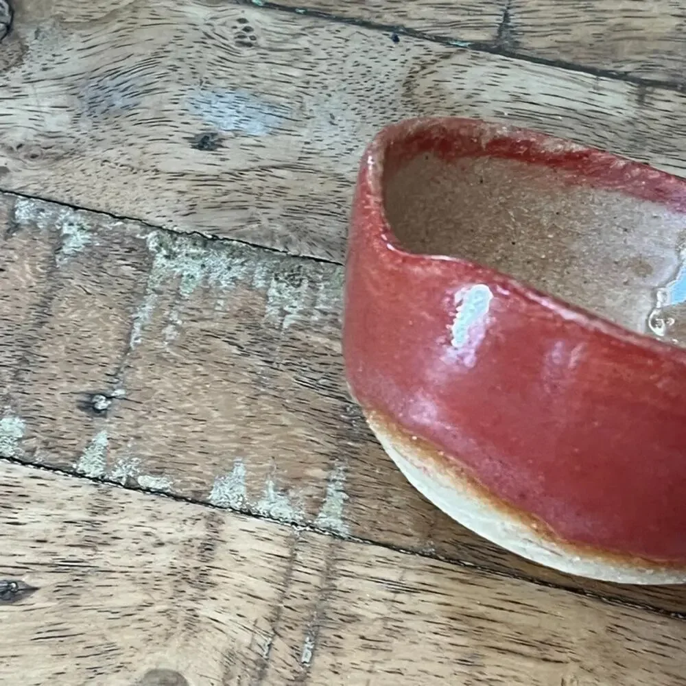 Small Stoneware Bowl Spout 3.25 in Orange Red Drip Glaze Signed Sofie